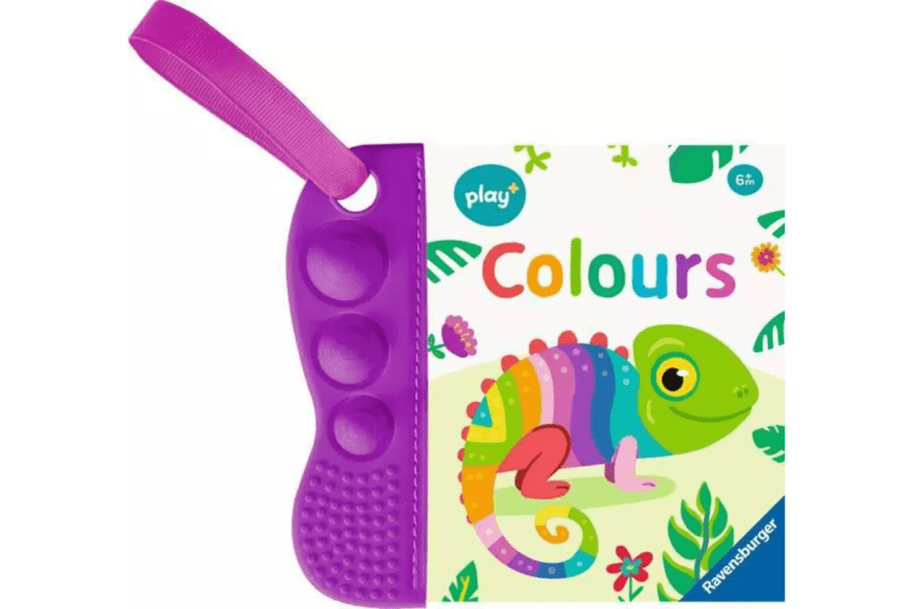 Flip & Pop Colours Book, Ravensburger, Play+, board books for babies, board books for toddlers, learning about colours,  travel toys for infants, travel toys for toddlers, pop-its for babies, The Montessori Room, Toronto, Ontario, Canada. 