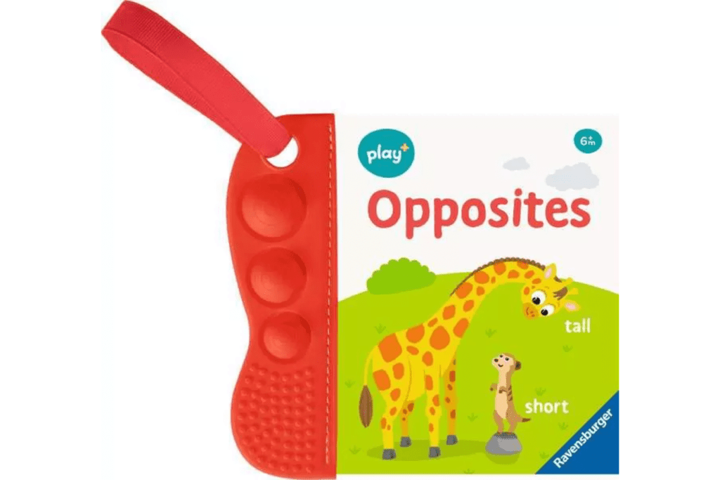 Flip & Pop Opposites Book, Ravensburger, Play+, board books for babies, board books for toddlers, travel toys for infants, travel toys for toddlers, pop-its for babies, The Montessori Room, Toronto, Ontario, Canada. 