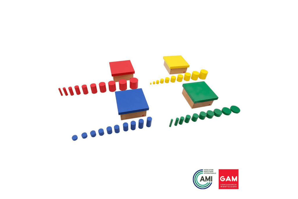 GAM Set of Knobless Cylinders, AMI-approved, Montessori Sensorial materials, Montessori classroom materials, Montessori casa materials, Montessori materials, The Montessori Room, Toronto, Ontario, Canada. 