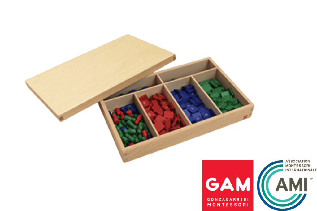 GAM Stamp Game, Montessori Casa Materials, Montessori Elementary Materials, Montessori Math Materials, Decimal System, Montessori classroom packages, AMI-approved, AMI-Certified, GAM, The Montessori Room, Toronto, Ontario, Canada. 