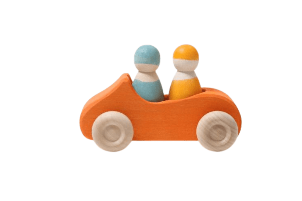 Grimms Car Large Orange, Covertible
By GRIMM&#39;S SPIEL &amp; HOLZ DESIGN, grimms car, grimms car with two people, large grimms car, orange wood car, wood car with peg people, waldorf toys, Toronto, Canada
