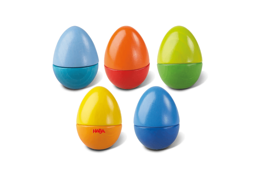 Haba Set of 5 Wooden Musical Eggs, shaker eggs, maraca eggs, wooden shaker eggs, instruments for toddlers, toddler instruments, Toronto, Canada