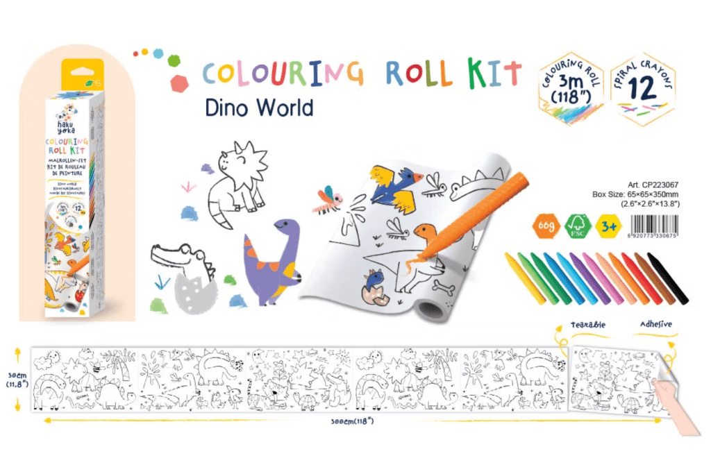 Haku Yoka Colouring Roll Kit, Dino World, Fantasy Unicorn, Colouring Kits, craft kits for kids, best gifts for crafty kids, travel toys, The Montessori Room, Toronto, Ontario, Canada. 