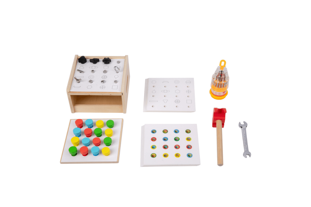 Hammer &amp; Screw Activity Set, Adena Montessori, 3 years and up, Montessori materials, hand-eye coordination, fine motor skills, STEM, colour recognition, practical life skills, best Montessori materials, The Montessori Room, Toronto, Ontario, Canada, Lovevery Subscription Box, The Investigator Play Kit Months 31, 32, 33