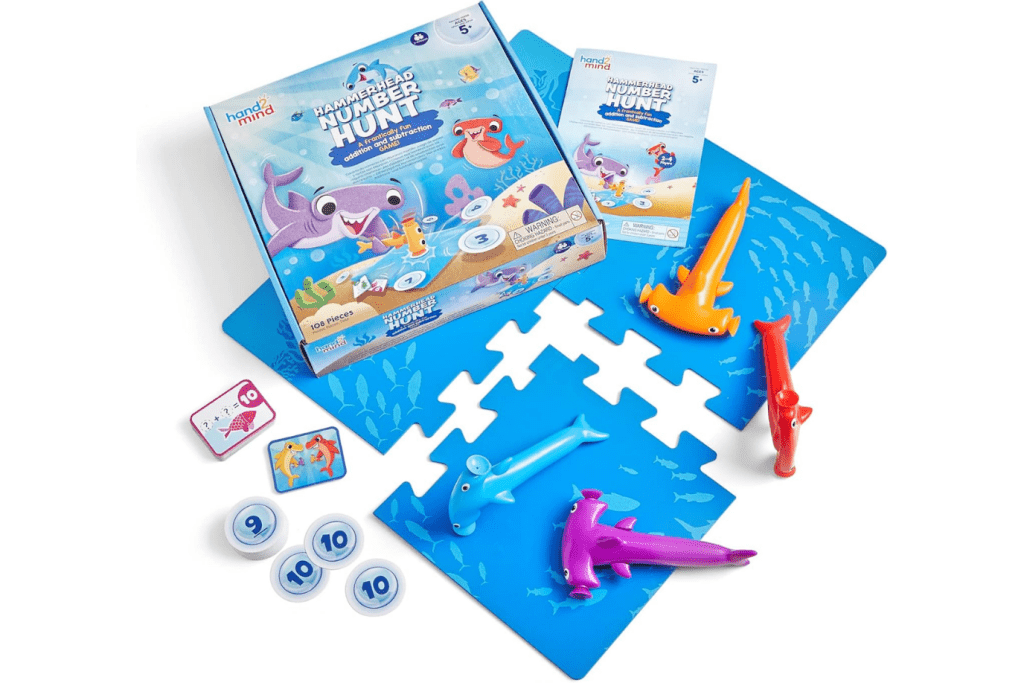 Hammerhead Number Hunt, hand2mind, board games for 5 years and up, math board games, games that teach children about math, classroom games, best games for kids, best games for kindergarten, The Montessori Room, Toronto, Ontario, Canada. 