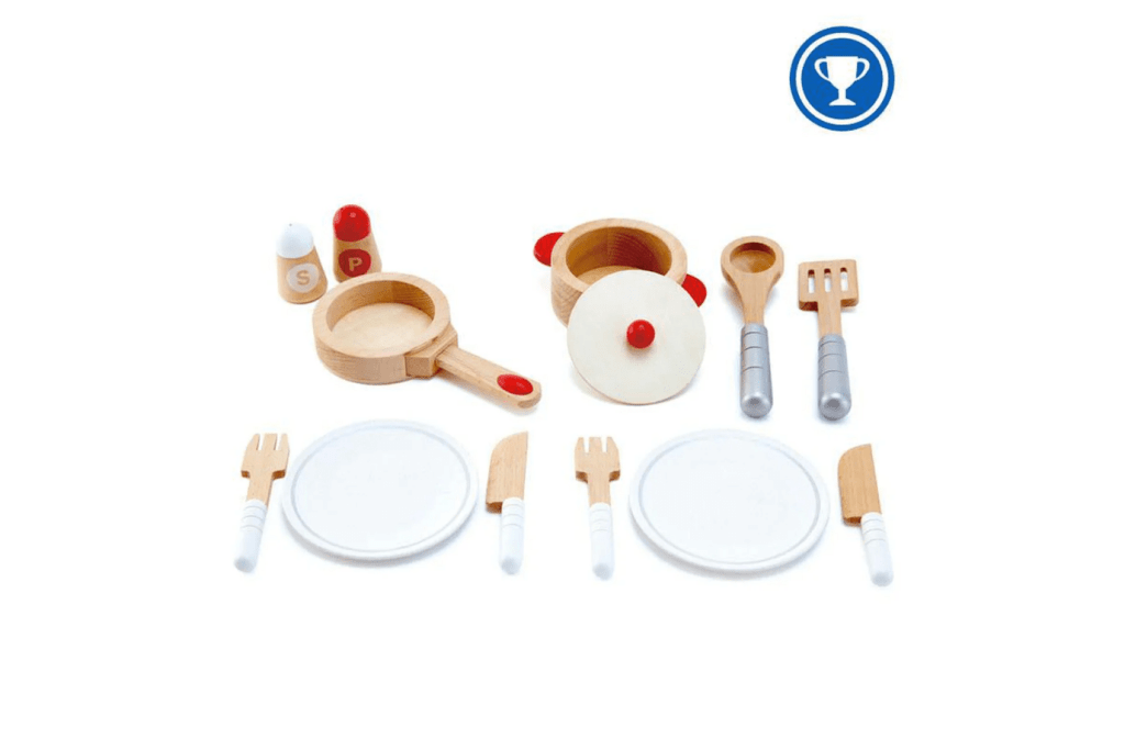 Hape Cook and Serve Set, pretend play toys for kids, imaginative play in kitchen, pretend kitchen accessories, best toys for kids, The Montessori Room, Toronto, Ontario, Canada. 
