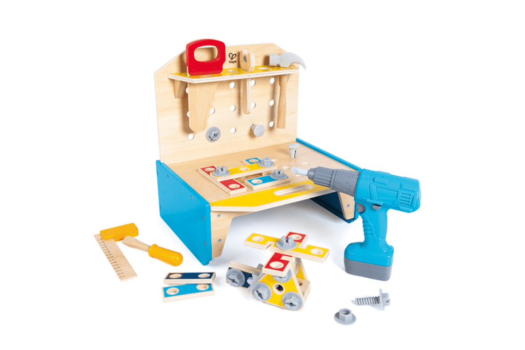 Hape Little Engineer&#39;s Workbench, Toronto, Canada, working drill for kids, battery operated pretend drill, pretend tool bench for kids, pretend tools for kids, best pretend tools for little kids, small wooden workbench for kids, Toronto, Canada