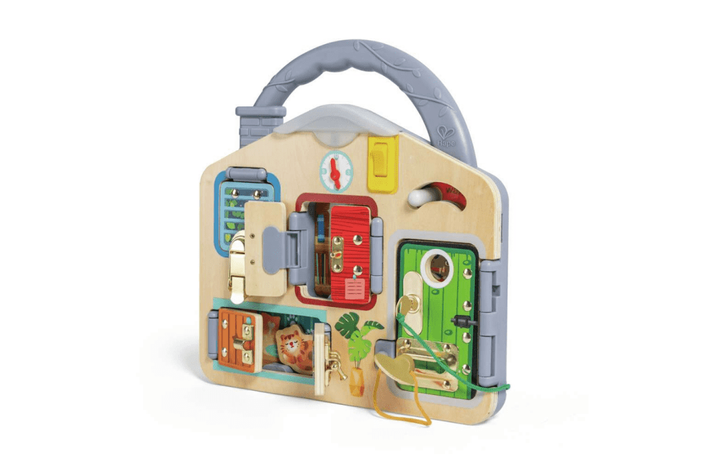 Lock &amp; Learn Playboard, Hape, 3 to 6 years, best travel toys, fine motor skills, locks and latches board, The Montessori Room, Toronto, Ontario, Canada. 