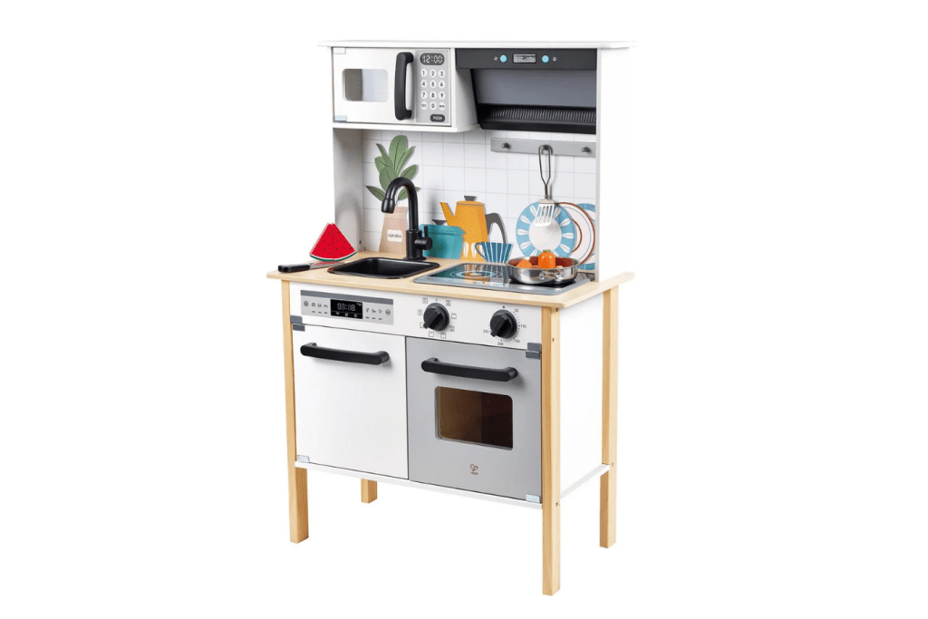 Hape White Gourmet Kitchen, Hape White Gourmet Kitchen for Pretend Play, wooden kitchen, affordable wooden play kitchen, small wooden kitchen, best play kitchen for small spaces, best play kitchen for small playrooms, hape play kitchen, Toronto, Canada, 
Hape Modern Smart Kitchen
