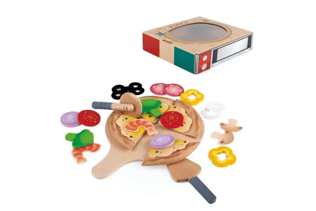 Hape Perfect Pizza Playset, imaginative play toys, pretend play toys, role play toys, add-ons for play kitchen, The Montessori Room, Toronto, Ontario, Canada. 