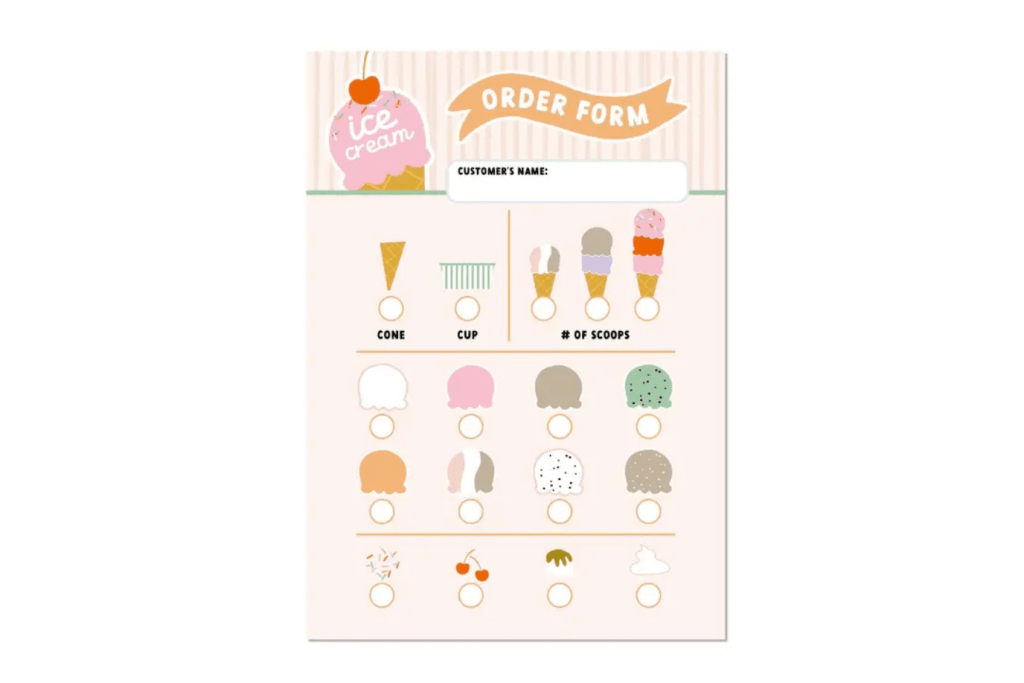 Ice Cream Shop Notepad, MagicPlaybook, pretend play accessories, imaginative play accessories, stocking stuffers, loot bag ideas, best gifts for kids who like pretend play, The Montessori Room, Toronto, Ontario, Canada. 