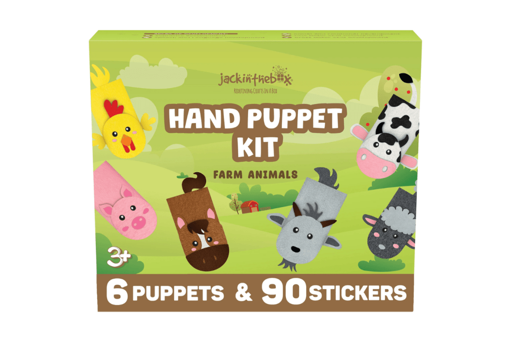 JackInTheBox Hand Puppet Kit - Farm Animals, 3 years and up, 6 puppets, farm crafts for kids, travel toys for kids, best gifts for kids, gifts for creative kids, The Montessori Room, Toronto, Ontario, Canada. 
