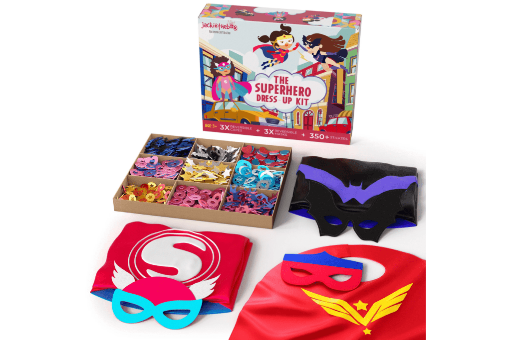JackInTheBox Superhero Dress Up Kit, 3 years and up, superhero crafts for kids, superhero costumes, best gifts for creative kids, gifts for kids who love pretend play, arts and crats for kids, The Montessori Room, Toronto, Ontario, Canada. 