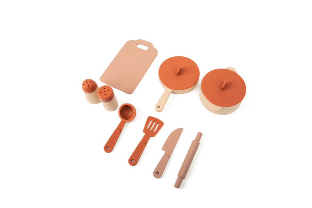 bug + bean Kitchen Accessories Playset | Kids Pretend Playset, neutral kitchen playset, neutral kitchen tools for kids, best kitchen tools for kids, pretend pots and pans for kids, silicone toys for kids, accessories for play kitchen, Toronto, Canada