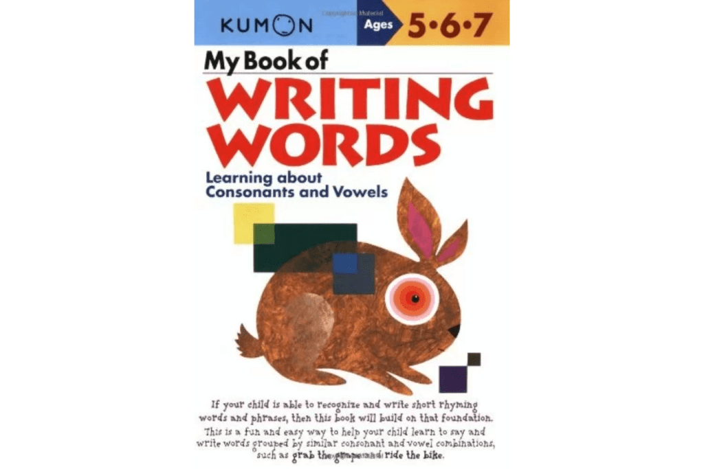 Kumon: My Book of Writing Words: Learning about Consonants and Vowels (Ages 5 - 7), activity books, kindergarten prep, letter learning, rhyming words, The Montessori Room, Toronto, Ontario, Canada. 