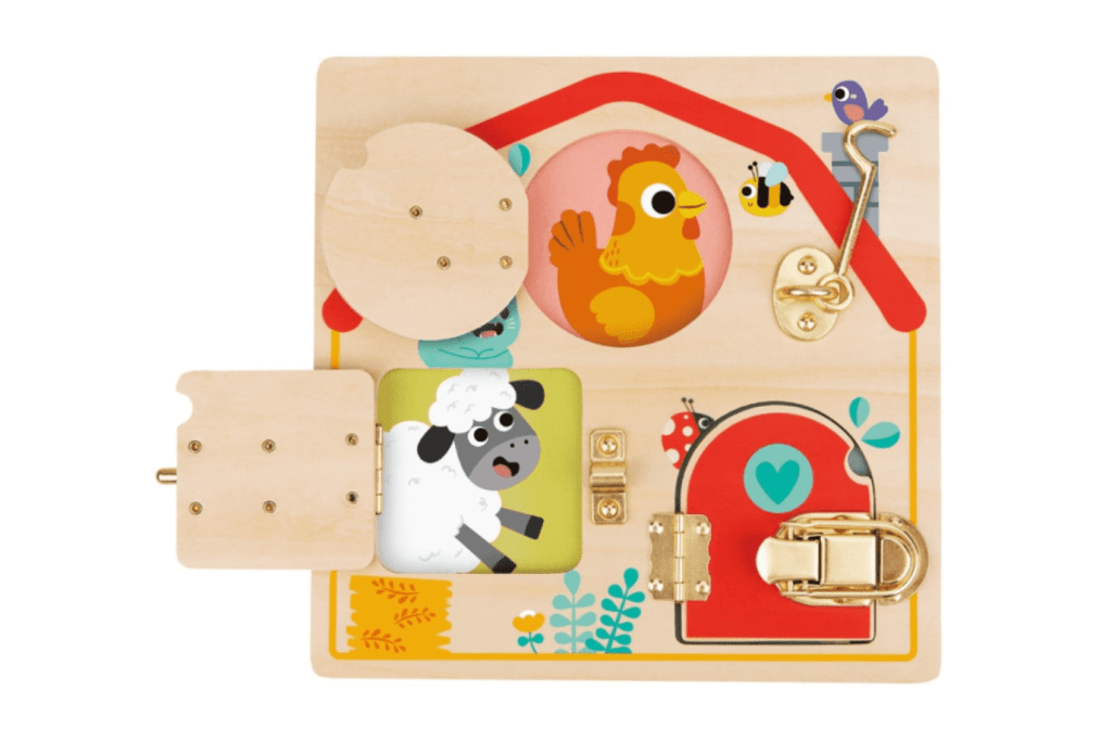TOOKYLAND Activity Board with Latches - Fine Motor Skills Developmental Toy in Wood, Ages 3+, travel toys, Montessori Shelf Work, The Montessori Room, Toronto, Ontario, Canada. 