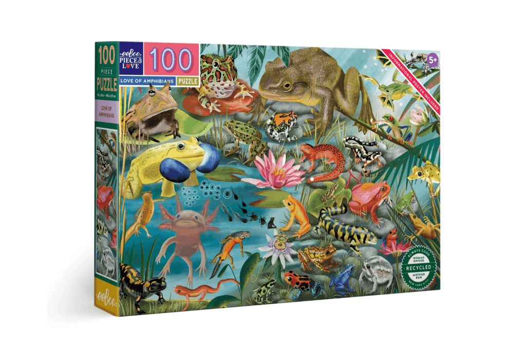 eeboo Love Of Amphibians [100 Piece Puzzle], puzzles with frogs, amphibian puzzle for kids, frog puzzle for kids, frogs, newts, and salamanders puzzles for children, biology puzzles for kids, zoology puzzles for kids, Toronto, Canada, science gifts for kids, educational gifts for kids