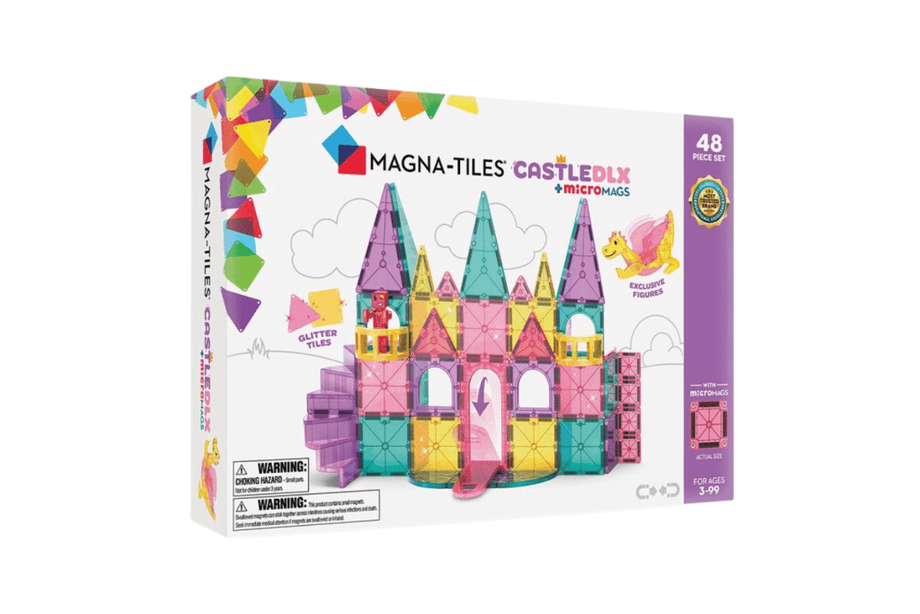 Magna-Tiles® Castle Deluxe™ 48-Piece Set, pastel magnatiles, castle magnatiles, pink magnatiles set, purple magnatiles, magnatiles set with dragon, glitter magnatiles set, Toronto Canada