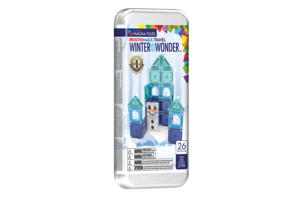 MAGNA-TILES® microMAGS Winter Wonder Travel 26-Piece Set, snowman magnatiles, travel magnatiles, winter magnatiles travel set, magnatiles toronto, micromags toronto, micromags canada, small magnatiles