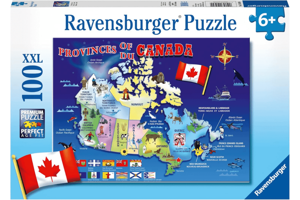 Map of Canada 100 Piece Puzzle, Ravensburger, jigsaw puzzles, puzzles for 6 year olds, puzzles for 7 year olds, puzzles for 8 year olds, puzzles for 9 year olds, puzzles for 10 year olds, best puzzles, high quality jigsaw puzzles for kids, The Montessori Room, Toronto, Ontario, Canada. 