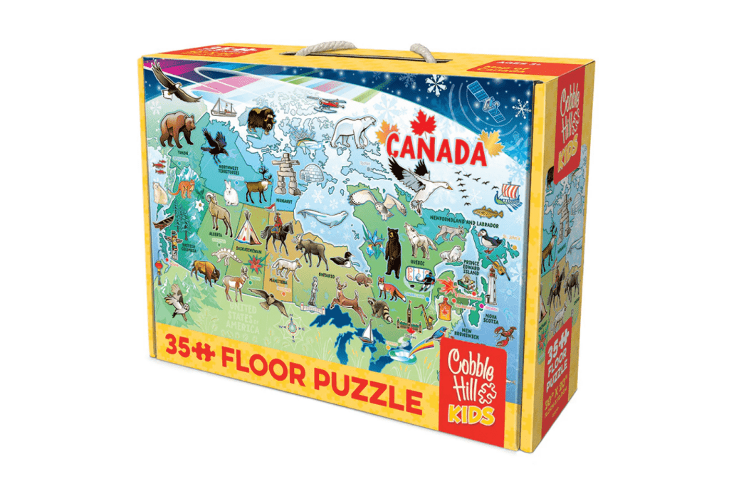 Map of Canada Floor Puzzle by Cobble Hill, Cobble Hill Puzzles, puzzles about Canada, educational puzzles, storytelling puzzles, floor puzzles, best puzzles for kids, big floor puzzles, The Montessori Room, Toronto, Ontario, Canada, Outset Media, 48 piece puzzles, map of canada puzzle
