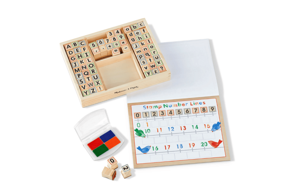 Deluxe Wooden Stamp Set with Activity Pad, Melissa and Doug, stamp sets for preschoolers, letter stamps, toys that help with letter learning and reading, arts and crafts toys, best toys for preschoolers, The Montessori Room, Toronto, Ontario, Canada. 