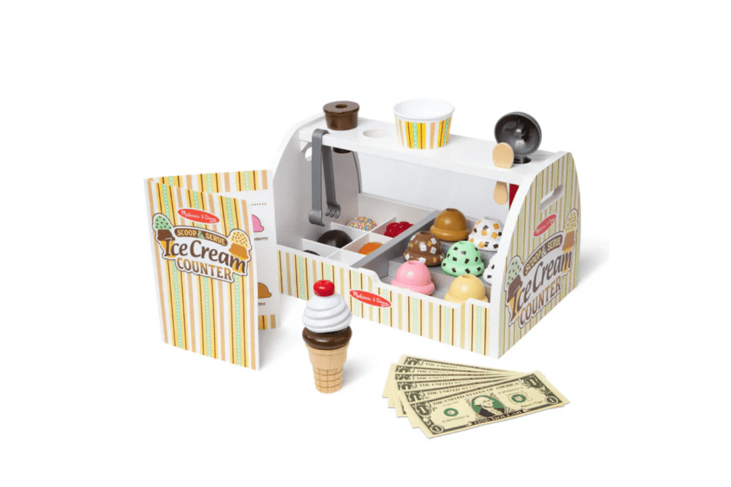 Melissa and Doug Ice Cream Counter, pretend play toys, wooden pretend play toys, imaginative play, ice cream parlour, best toys for imagination, 3 to 6 years, The Montessori Room, Toronto, Ontario, Canada. 