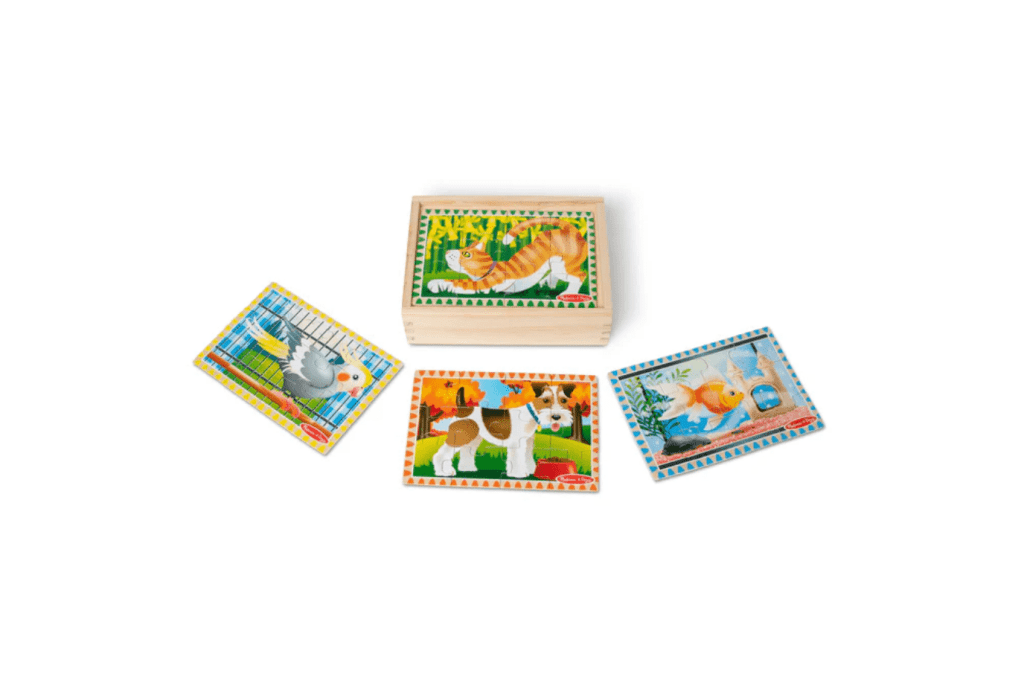 Melissa and Doug Puzzles in a Box (4 Puzzles), wooden jigsaw puzzles for preschoolers, puzzles about pets, vehicle puzzles for kids, best jigsaw puzzles for kids, best travel toys, The Montessori Room, Toronto, Ontario, Canada. 