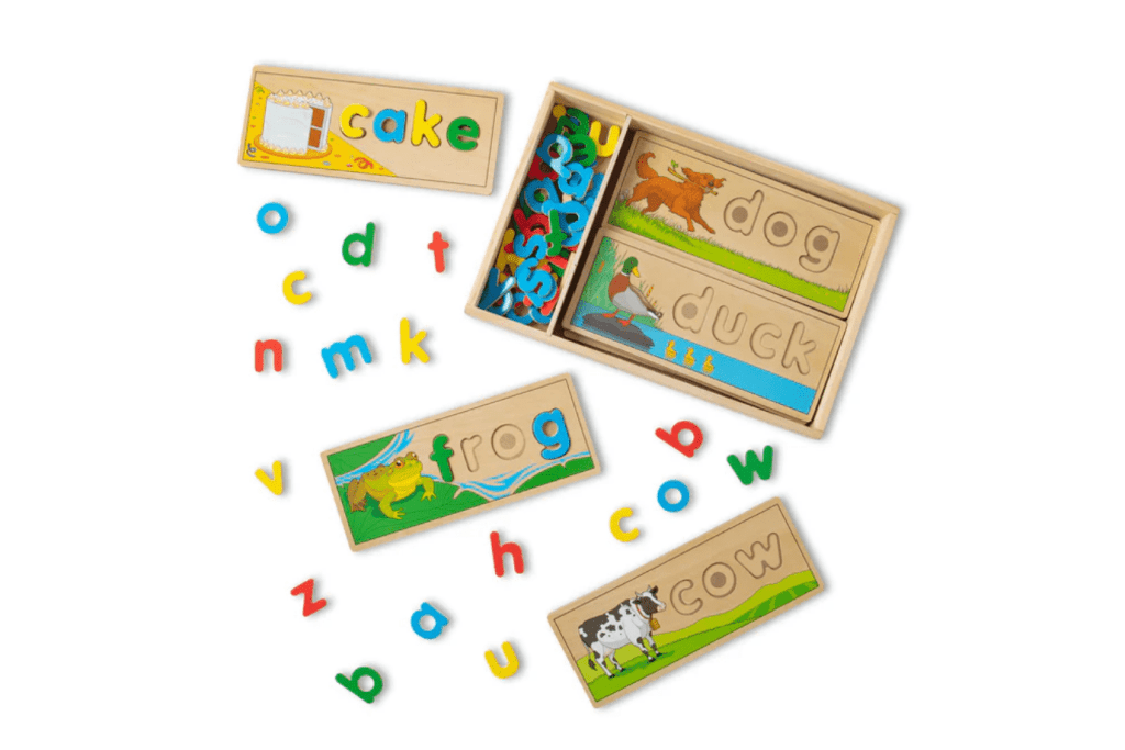 See &amp; Spell, Melissa and Doug, letter learning puzzles for preschoolers, puzzles that help children with spelling, spelling puzzles for kids, wooden puzzles, The Montessori Room, Toronto, Ontario, Canada. 