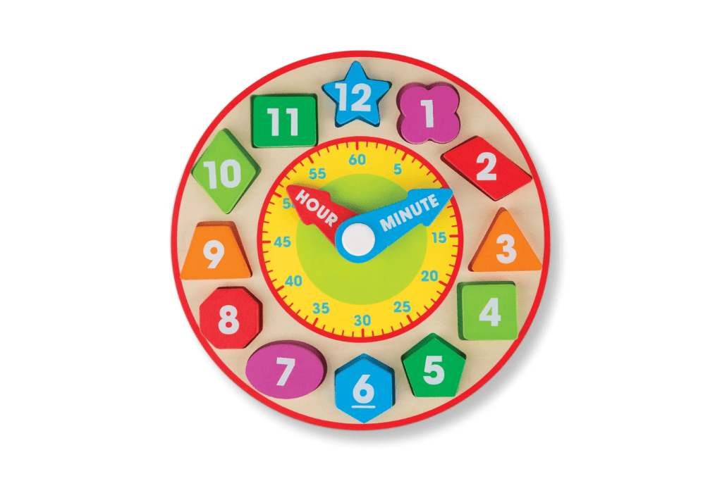 Melissa &amp; Doug Shape Sorting Clock, wooden toys for kids, bestselling toys for preschoolers, toys that help children learn to tell time, wooden puzzles for preschoolers, The Montessori Room, Toronto, Ontario, Canada. 