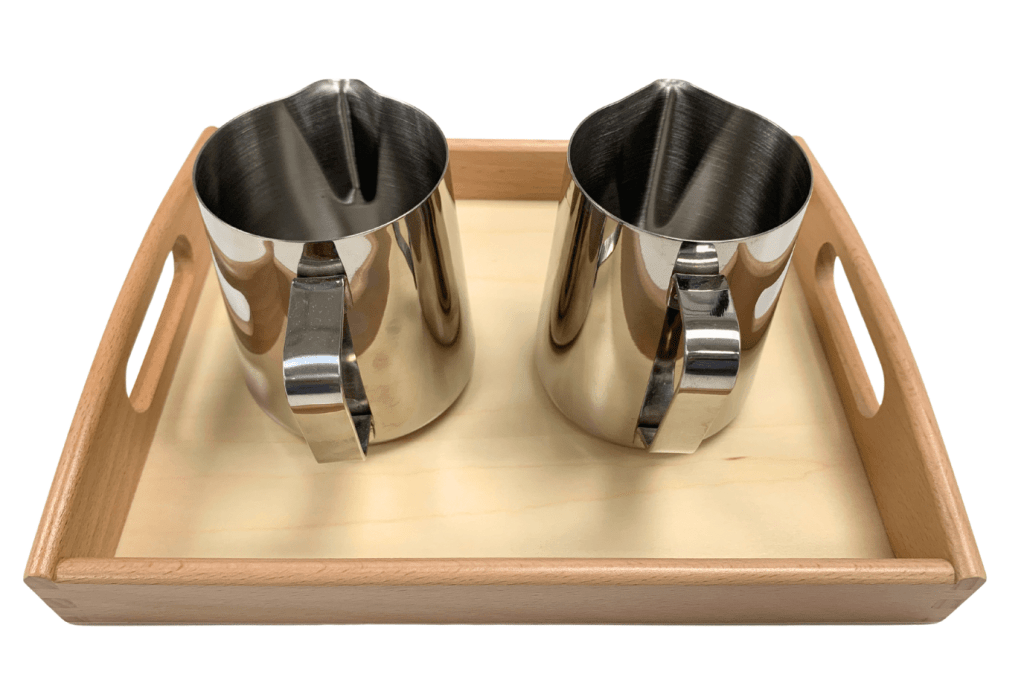 Montessori Dry Pouring Activity - includes 2 Metal Pitchers & Wooden Tray, DIY Montessori Activities, Toronto, Canada, Pouring activities for toddlers, Montessori pouring activities, what are pouring activities in Montessori