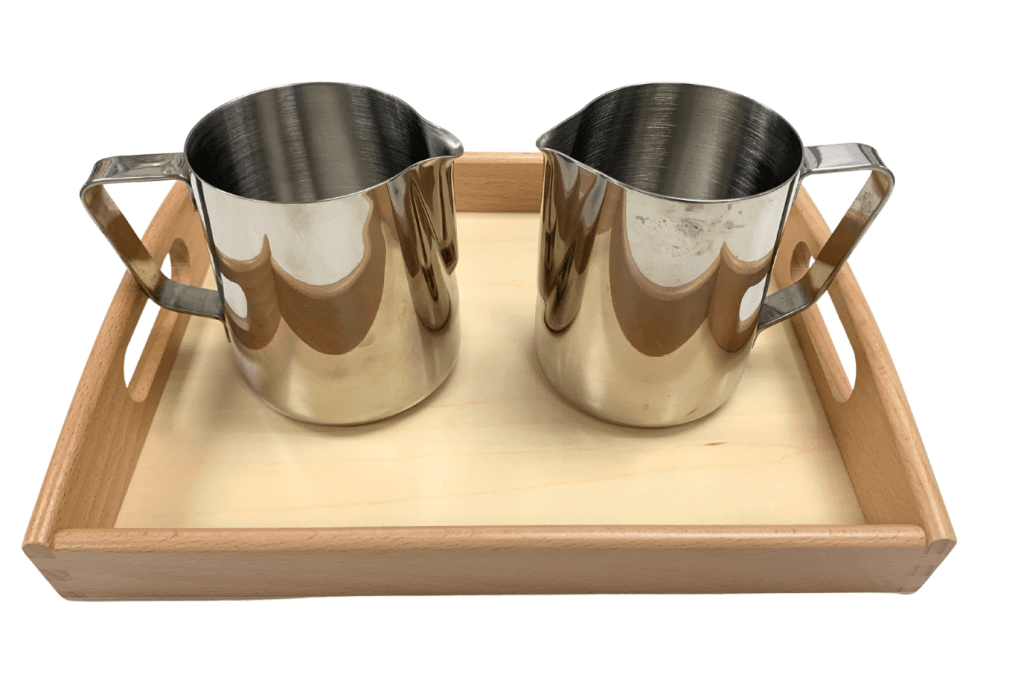 Montessori Dry Pouring Activity - includes 2 Metal Pitchers & Wooden Tray