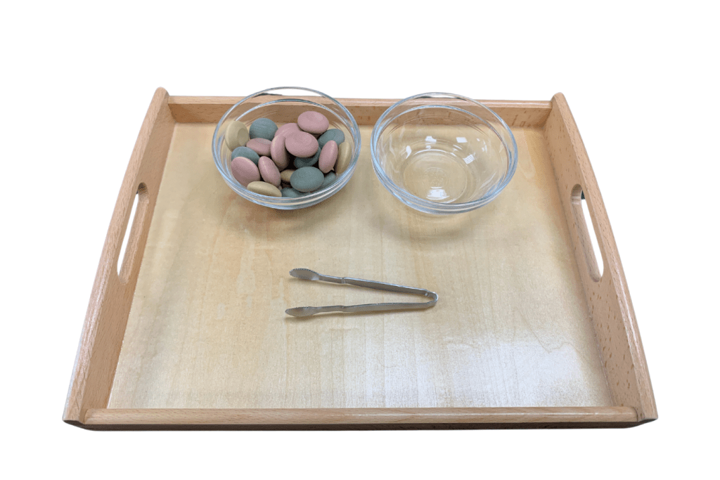 Montessori Tonging Activity - Loose Wooden Parts - includes Tongs, Tray, Bowls and Wooden Parts