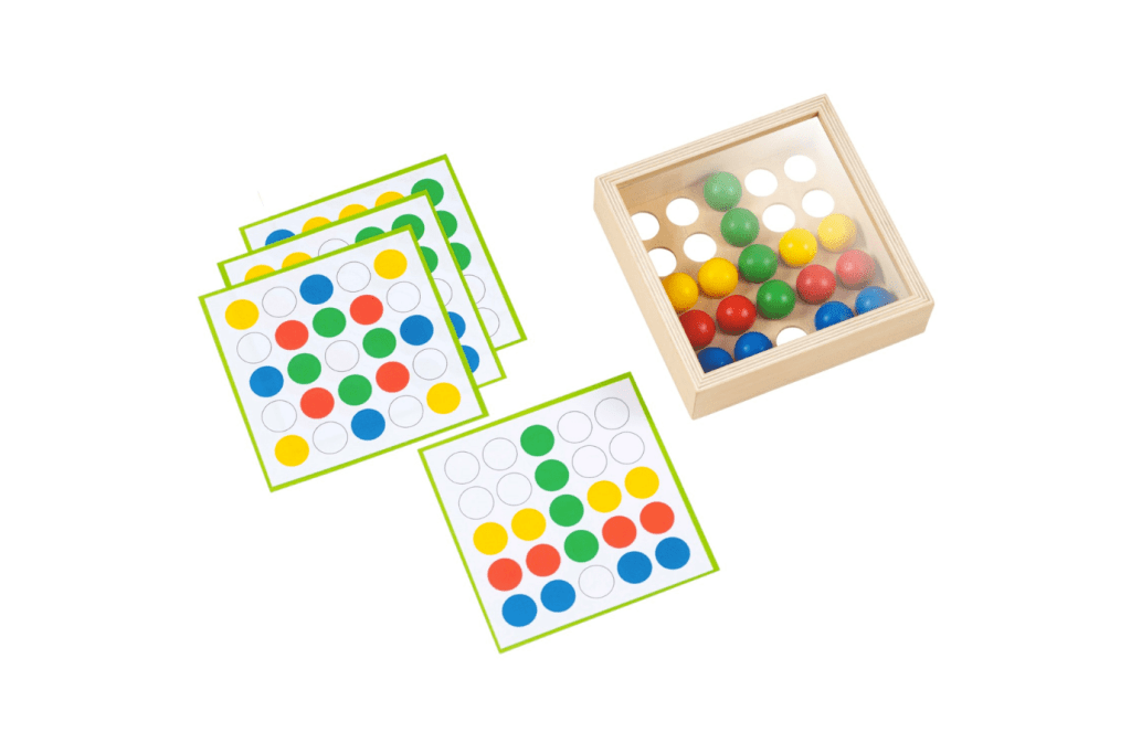 Mosaic Tray with Coloured Balls by Educo, best toys for kids, fine motor toys, patterning toys, toys that teach colour recognition, wooden toys for kids, The Montessori Room, Toronto, Ontario, Canada. 