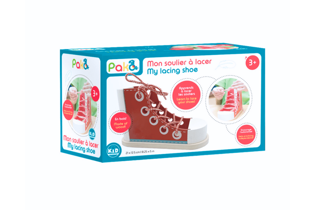 Wooden Learn-to-Lace Shoe by Goki, The Montessori Room, Toronto, Ontario, Canada.  Educational toys.  Wooden toys.  Independence, self-dressing, self-care, practical life, Montessori toys, learning to tie shoes, Pako My Lacing Shoe