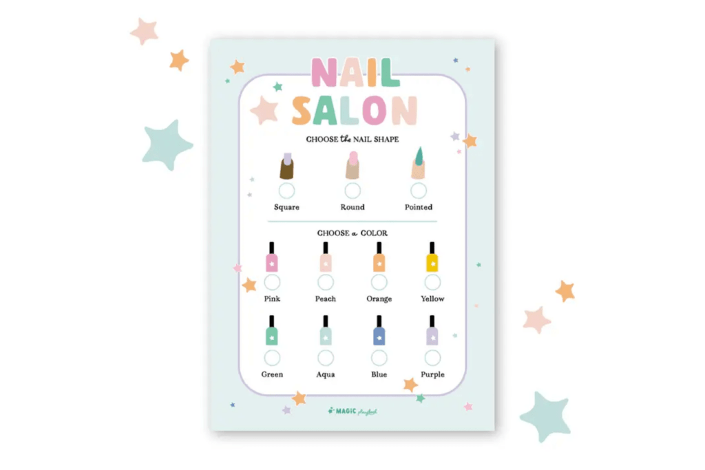 Nail Salon Pretend Play Notepad, MagicPlaybook, pretend play accessories, imaginative play accessories, pretend nail salon, stocking stuffers, loot bag ideas, best gifts for children who enjoy pretend play with makeup, The Montessori Room, Toronto, Ontario, Canada. 