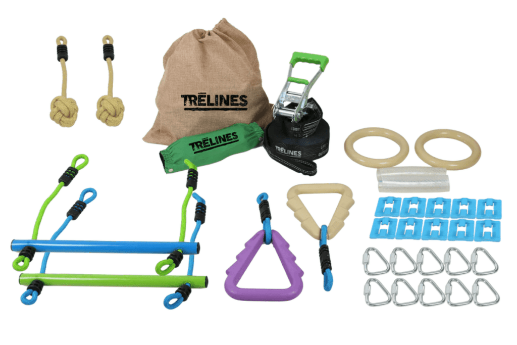 Ninja Adventure Line by Trelines, Hape, 5 years and up, gross motor toys for kids, outdoor toys for kids, The Montessori Room, Toronto, Ontario, Canada. Includes a heavy-duty 36′ line, 2 monkey bars, 2 tree holds, 2 monkey fists, 2 gym rings, ratchet cover, 8 delta carabiners and line clips (for attaching obstacles to the line), and drawstring bag..