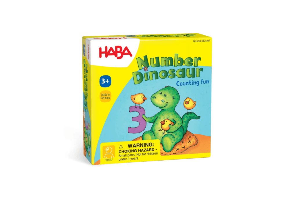 Number Dinosaur Mini Game, HABA, board games for 3 year olds, board games for 4 year olds, board games for 5 year olds, board games for 6 year olds, math board games, counting board games, The Montessori Room, Toronto, Ontario, Canada. 