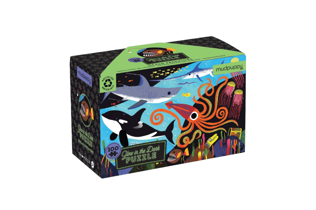 Ocean Predators 100 Piece Glow in the Dark Puzzle, Mudpuppy, jigsaw puzzles, best jigsaw puzzles, glow in the dark puzzles, The Montessori Room, Toronto, Ontario, Canada. 