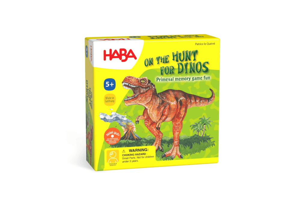 On the Hunt for Dinos Mini Game, HABA, board games for 5 year olds, board games for 6 year olds, board games for 7 year olds, board games for 8 year olds, family board games, dinosaur games, memory games, The Montessori Room, Toronto, Ontario, Canada. 