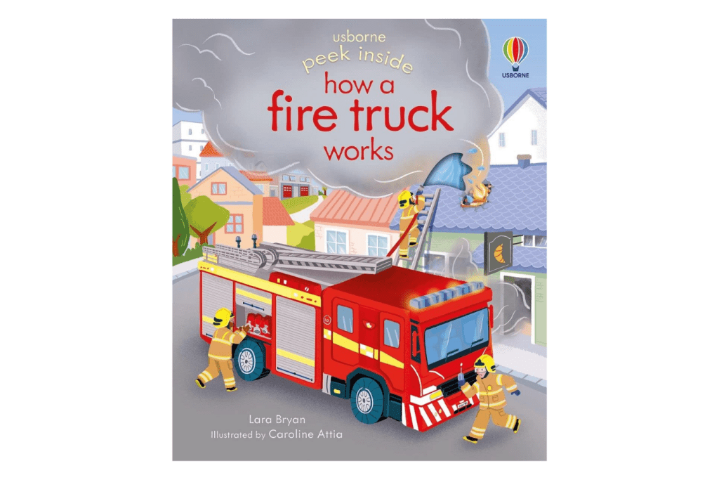 Usborne peep inside how a fire truck works, peep inside book series, usborne books, fire truck books for kids, toddlers, best truck books for kids, Toronto, Canada