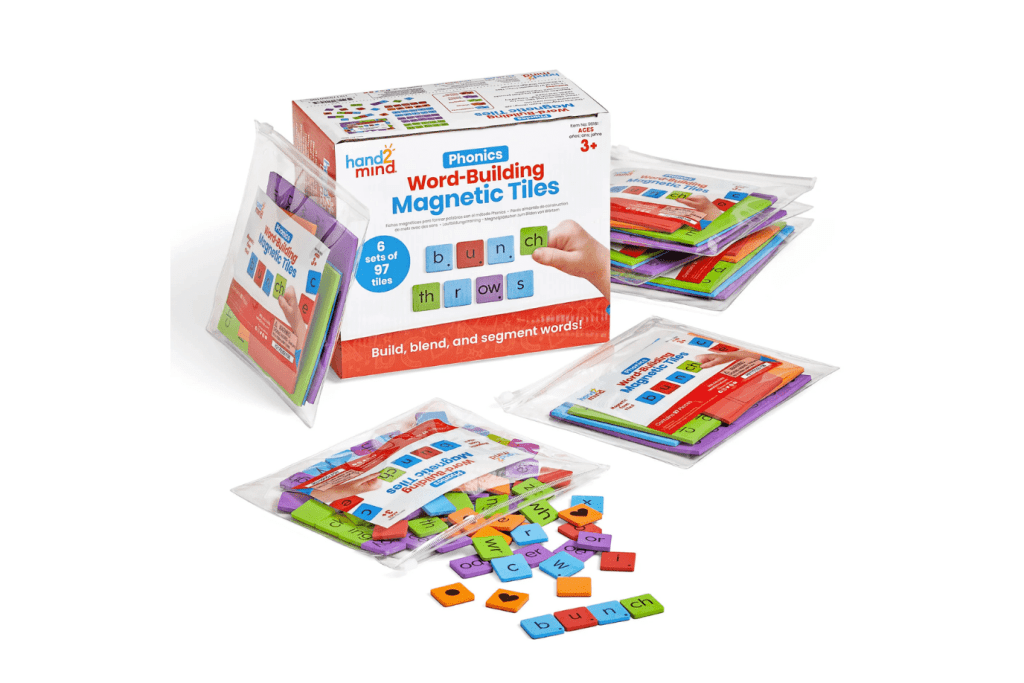 Phonics Word-Building Magnetic Tiles, hand2mind, letter learning toys, spelling toys, toys that teach spelling, toys that teach reading, word building, classroom activities, language activities, The Montessori Room, Toronto, Ontario, Canada. 