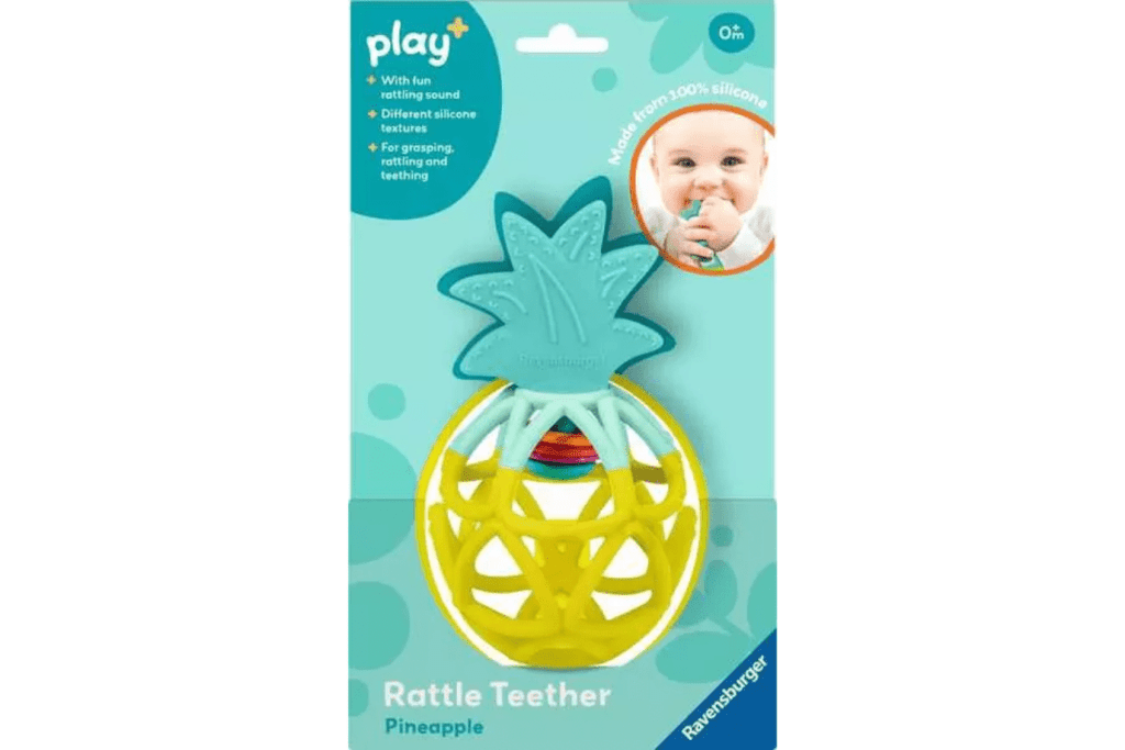 Pineapple Rattle Teether, Ravensburger, Play+, baby toys, baby teethers, best gifts for babies, baby shower gifts, The Montessori Room, Toronto, Ontario, Canada. 