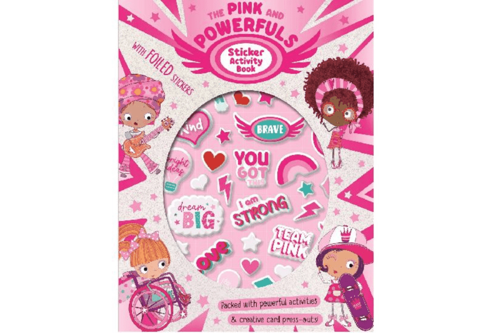 Pink and Powerful Sticker Activity Book by Laura Ede, travel activity books for kids, travel activity books for girls. activity books for 4, 5, 6, 7 year olds, Toronto, Canada