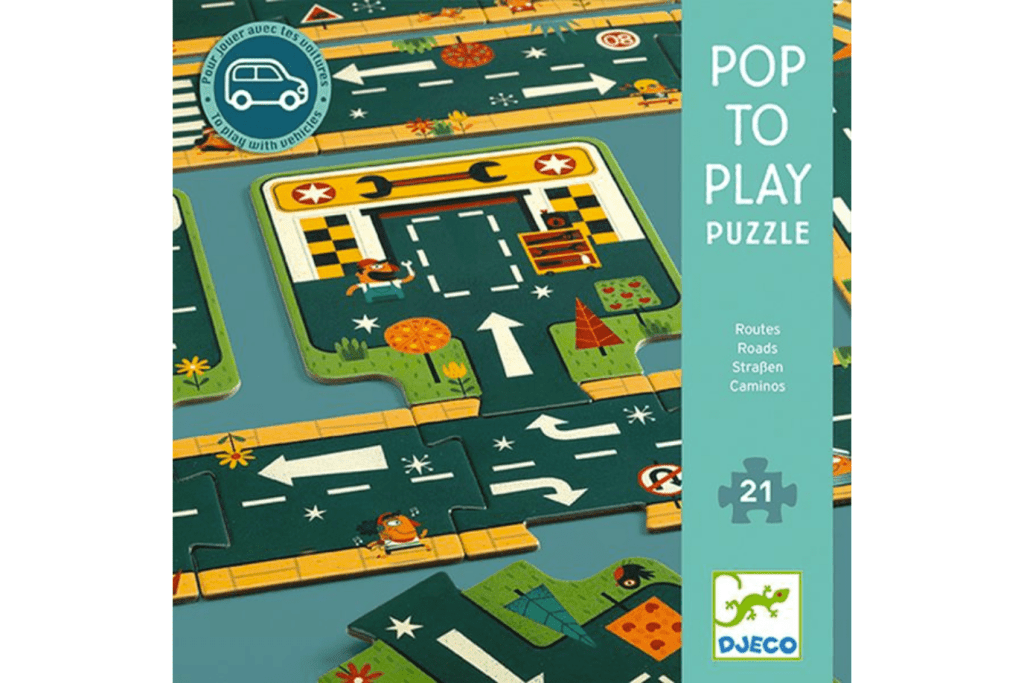 Pop to Play Road Puzzle, Djeco, gifts for little car lovers, best puzzles for preschoolers, imaginative play puzzle, The Montessori Room, Toronto, Ontario, Canada.
