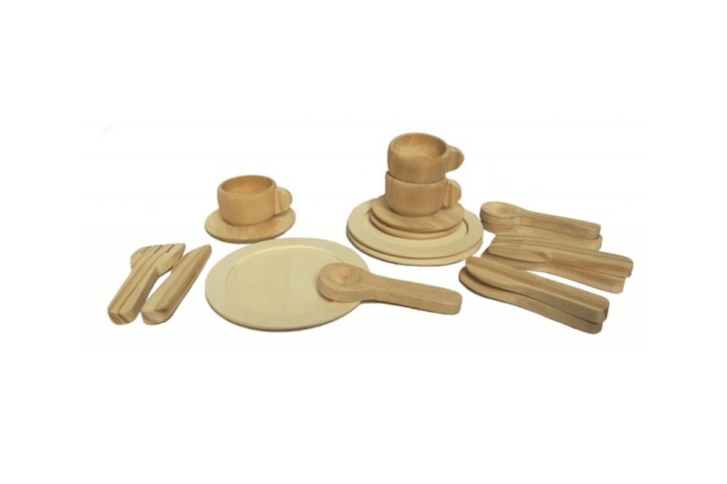 Pretend Wooden Dinner Set, Egmont Toys, 3 years and up, 3 place settings, wooden toys for kids, pretend play, language materials, The Montessori Room, Toronto, Ontario, Canada. 