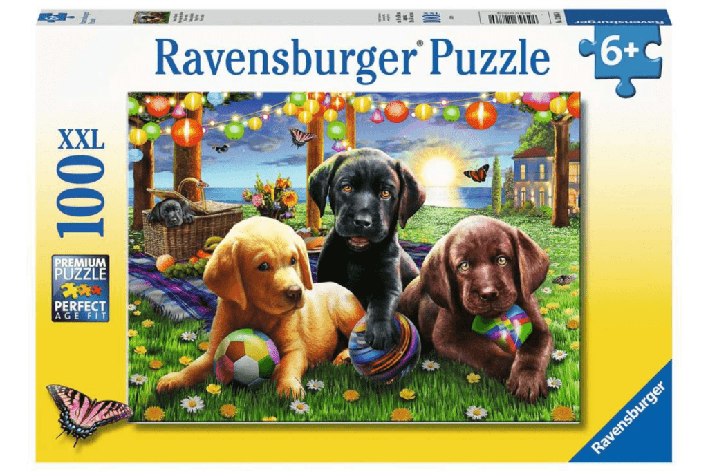 Puppy Picnic - 100 pc Puzzle, Ravensburger, jigsaw puzzles, best puzzles for kids, high quality puzzles for kids, best gifts, The Montessori Room, Toronto, Ontario, Canada. 