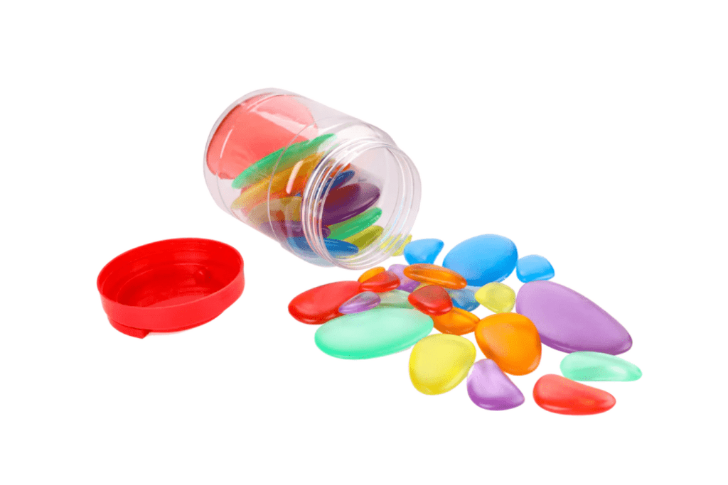 Rainbow Stones (Set Of 36), Vivaio, translucent stones, light table accessories, toys for light tables, loose parts play, sensory toys, The Montessori Room, Toronto, Ontario, Canada. 