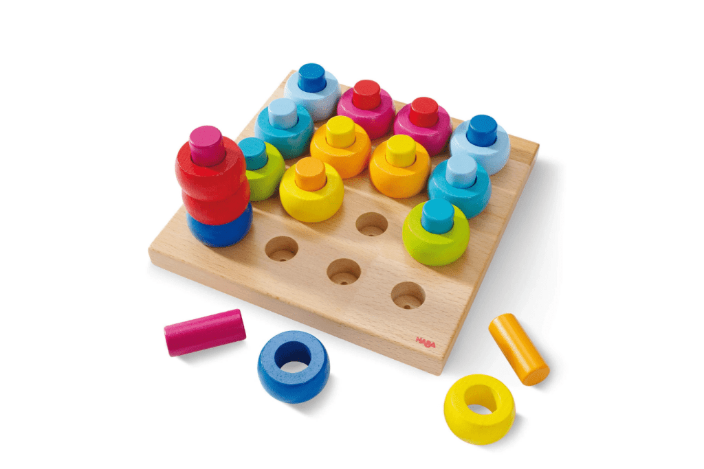 Rainbow Whirls Wooden Sorting and Stacking Game, HABA toys, toys for toddlers, wooden toys, toys made in Europe, toys for preschoolers, The Montessori Room, Toronto, Ontario, Canada. 