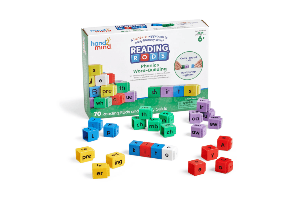 Reading Rods® Phonics Word-Building, hands-on early literacy skills, classroom activities, letter learning, world building, reading, elementary school learning, The Montessori Room, Toronto, Ontario, Canada. 